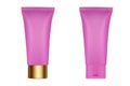 Set of 2 pink plastic tubes with gold cap. Hand cream, mask or lotion. Cosmetic gel. Royalty Free Stock Photo